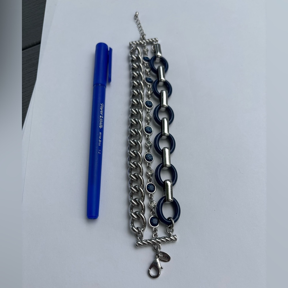 Lia Sophie Wayfarer 3 Strand Silver, White, and Blue Chain Bracelet Pee Worn